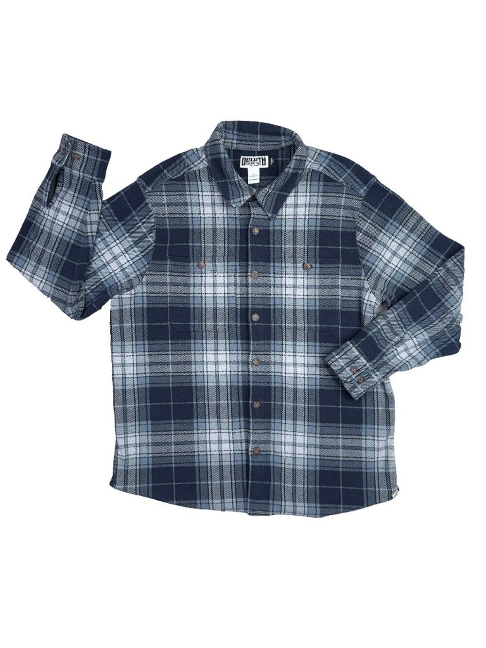 Duluth Trading Flannel Shirt Mens L Untucked Length Blue Gray Plaid Heavyweight